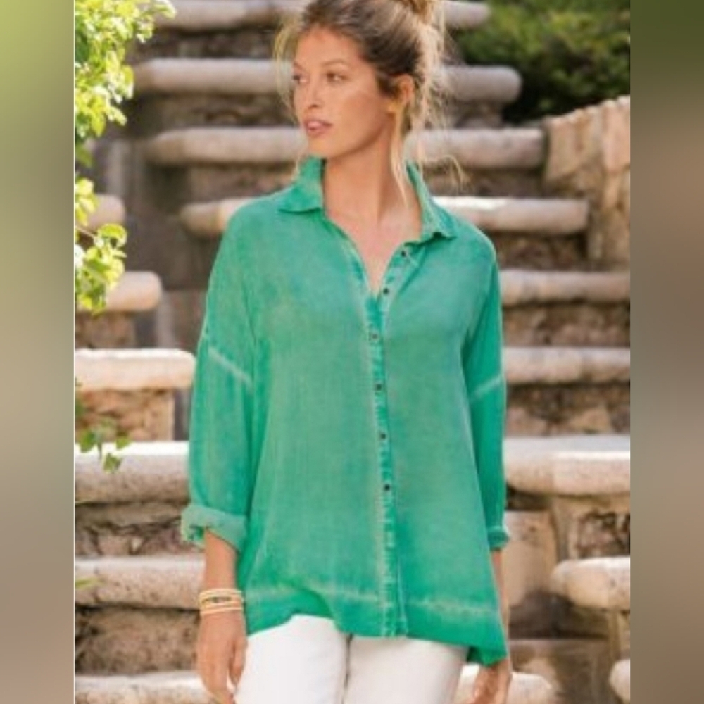 Soft Surroundings Sz S Celine Button Up Roll Sleeve Lightweight Tunic Blouse Top